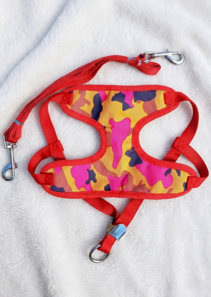 conjunto pechera+correa camuflado rojo
